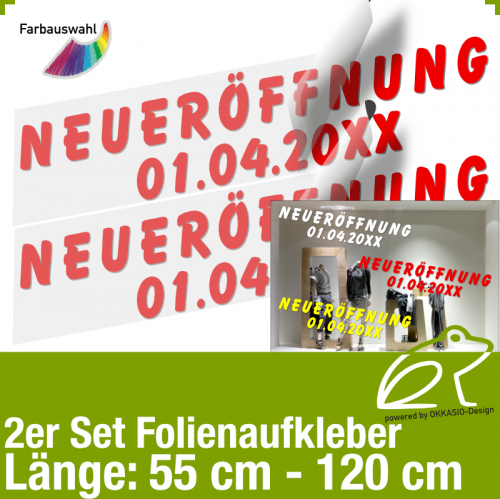 Aufkleber NEUERÖFFNUNG 2er-Set mit Datumsangabe / 55 bis 120 cm