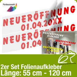 Aufkleber NEUERFFNUNG 2er-Set mit Datumsangabe / 55 bis 120 cm